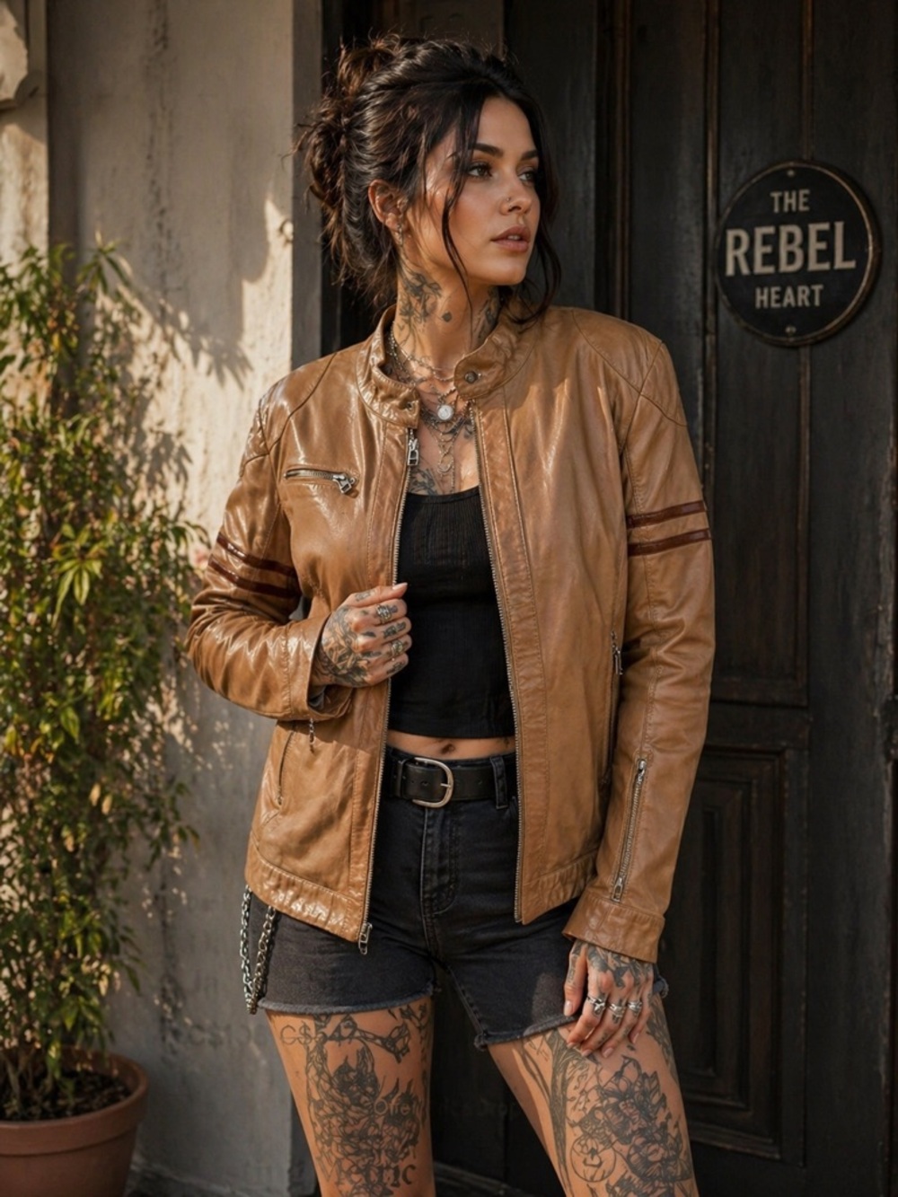 Danier Ladies Tan Leather Moto Jacket - Size Large